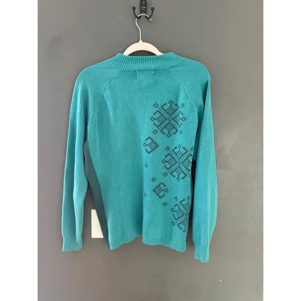 Woolrich Womens Atlantic Teal Cotton Geometric V-Neck Sweater Size L Outdoor - Image 6