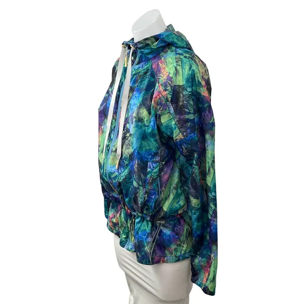 Asics Studio Womens Multicolor Abstract Hoodie Anorak Windbreaker Coat Jacket XS - Image 3