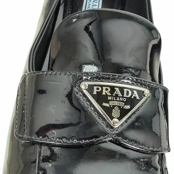 Prada Patent Square Front Enamel Logo Loafer Pump Black Size 37.5 - Image 12