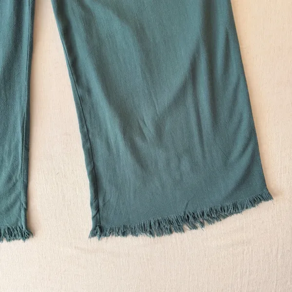 Umgee Linen Blend Boho Wide Leg Cropped Fringe Hem Pants Womens Medium - Image 6