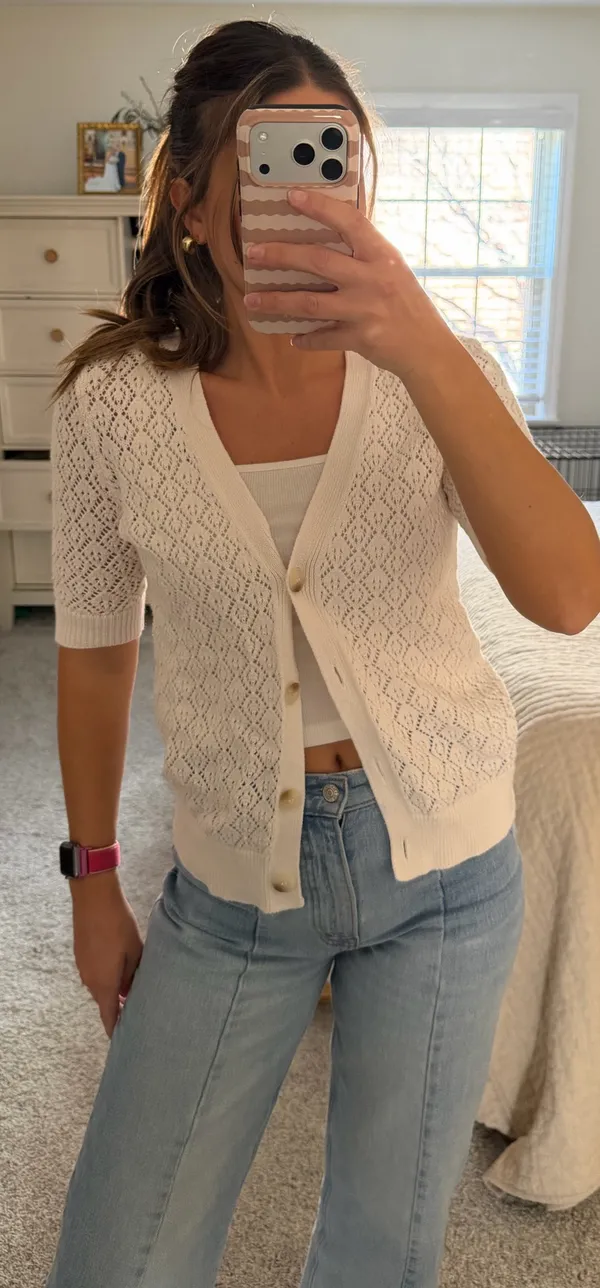 Loft White short sleeve knit button up top - Image 2