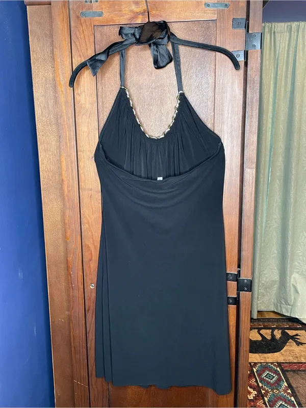 Cache Vintage Black Chain Neck Halter Cocktail Dress Glam Party Dress Size M - Image 3