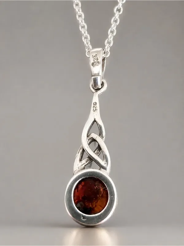Estate Sterling Silver Celtic Knot Baltic Amber Necklace w/ Sterling Plate Chain - Image 3