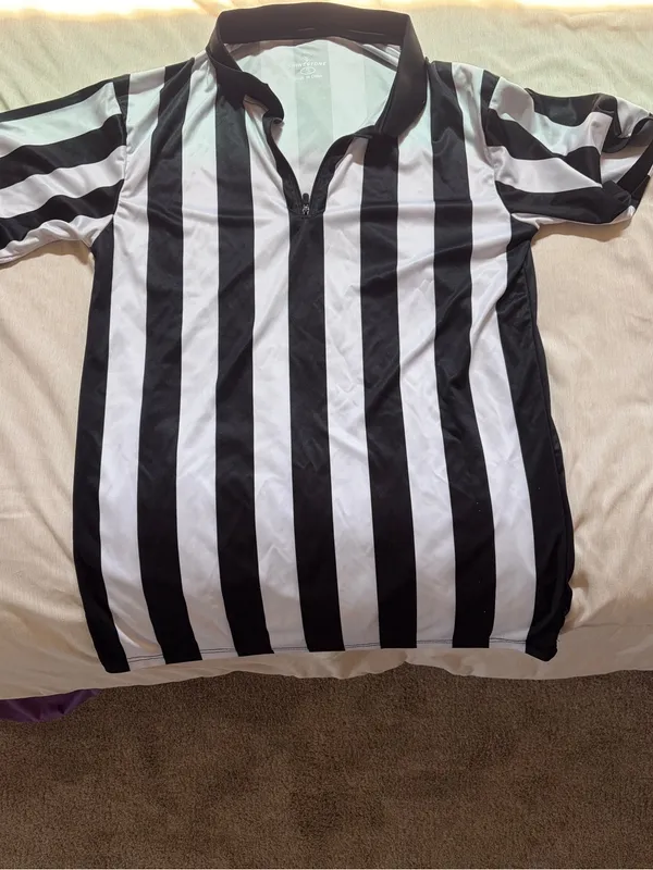 Women’s Black & White Striped Referee Polo Shirt size small - Image 4