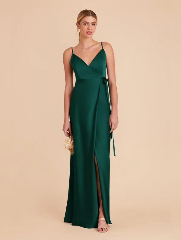 Birdy Grey Cindy Emerald Green Satin V-Neck Spaghetti Strap Dress - Image 2