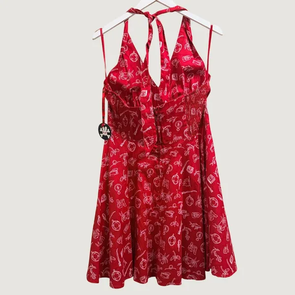 Hell‎ Bunny Red Nautical Print Halter Dress Womens Large Rockabilly Retro Pinup - Image 4