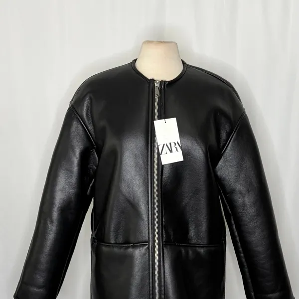 NWT!! ZARA ZW Collection Double Faced Coat Jacket Black Fleece Lining Small - Image 3