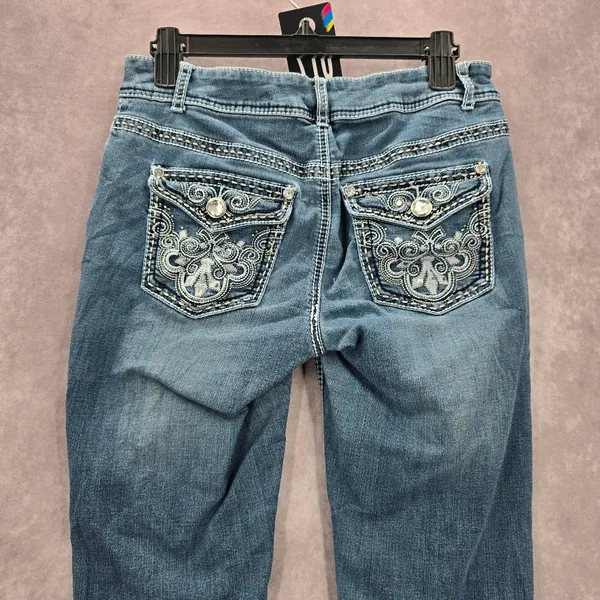 Blue Embroidered Stud Rhinestone Straight Leg Stitch Denim‎ Pants Jeans 10 - Image 5