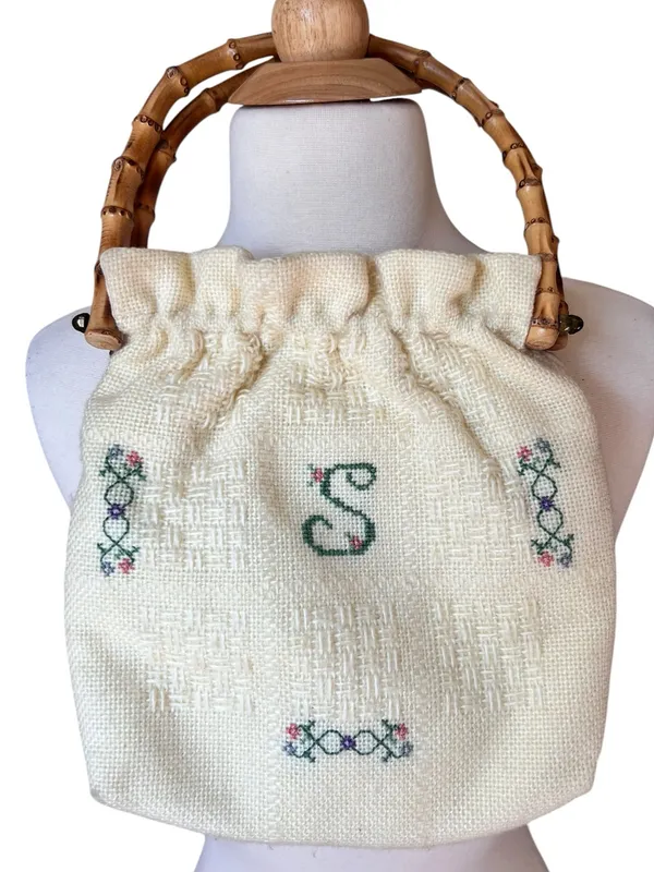 Vintage Monogram “S” Embroidered Cross Stitch Bamboo Handle Cottagecore Bag - Image 13