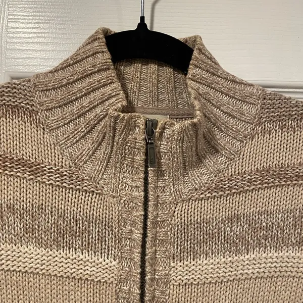 L.L. Bean Tan Striped Cotton Mock Neck Full Zip Knit Cardigan Sweater Size S P - Image 2