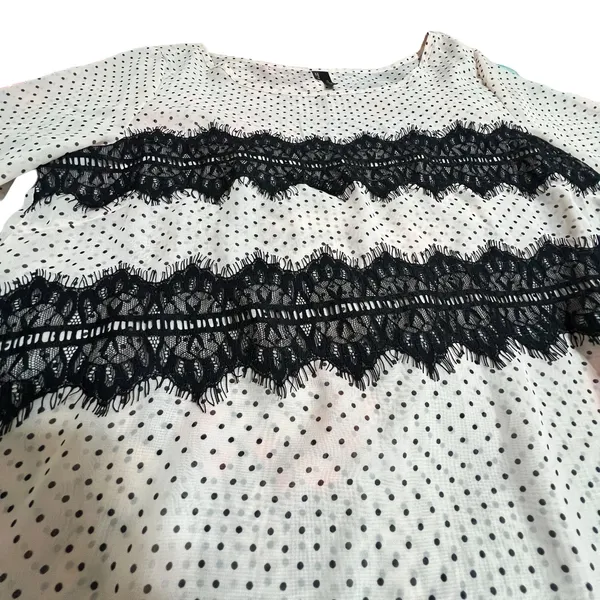 Maurices (M) Peach Polka Dot Lace Fringe Detail Roll Tab Semi-Sheer Blouse - Image 6