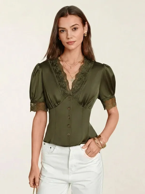 Rihoas Green V Neck Puffed Sleeve Lace Blouse - Image 3