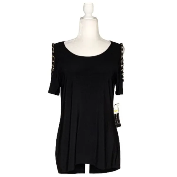 Coco Bianco Top Black Cold Shoulder Gold Chain Strap Detail Top Size Medium NEW - Image 12