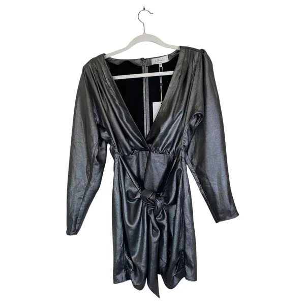 NWT L'Academie The Dore Mini Dress in Silver Size XS Metallic Long Sleeves - Image 3