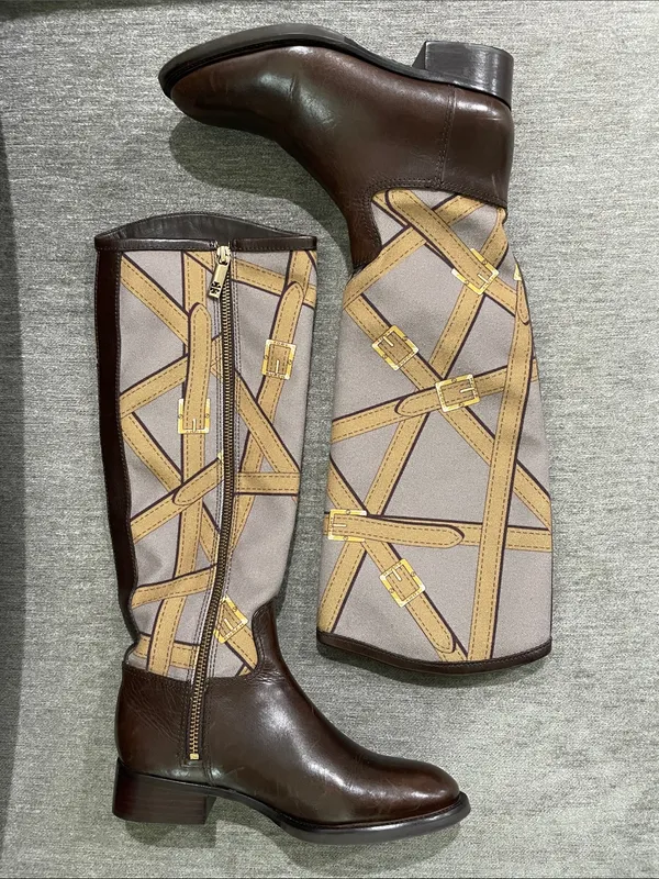 Tory Burch FELIX Riding Boots Brown Leather Equestrian Print Fabric Zip Size 5 - Image 9