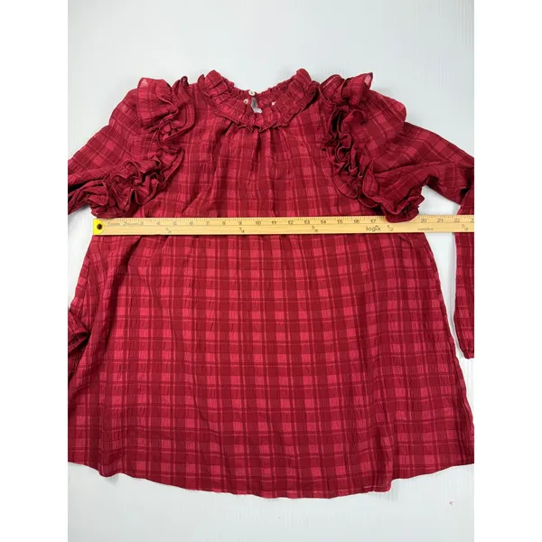 Entro Plaid Ruffle Long Sleeve‎ Blouse Top Keyhole Casual Red Size S - Image 2