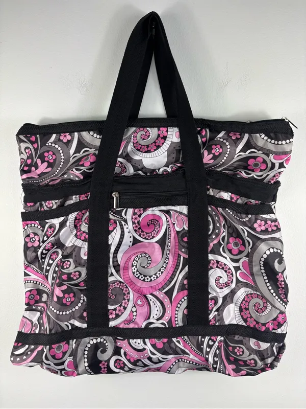 Braciano Packable Utility Tote Waterproof Beach Bag Pink Black Paisley Print - Image 3