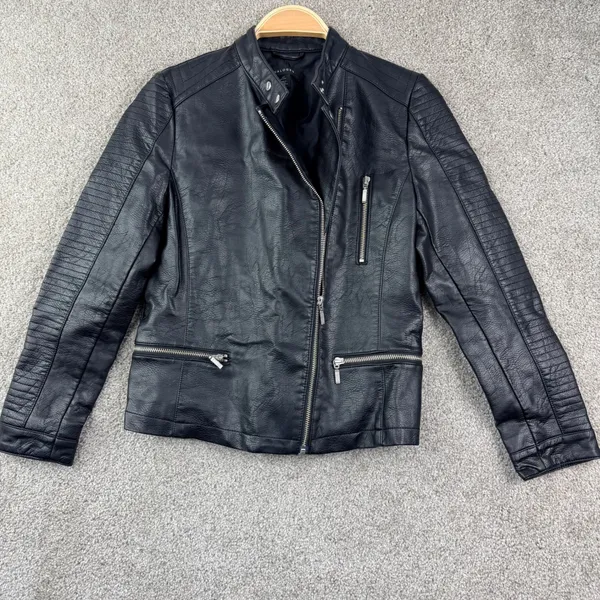 Halogen Moto Jacket Women XS Petite Black Faux Leather Biker Edgy Quilted Sleeve - Image 2