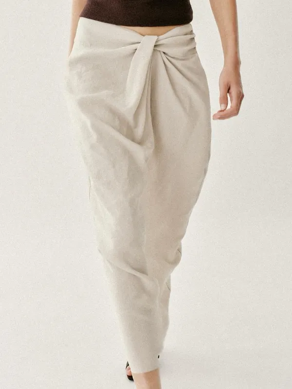 Zara NWT cream beige Draped twist front ruched Midi pareo Skirt - Image 5
