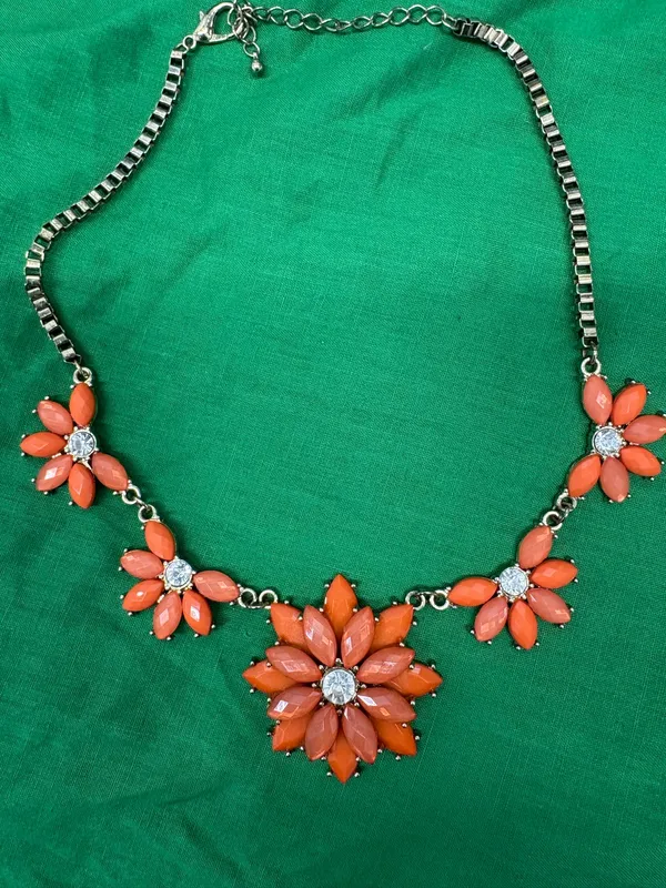 Silver Tone Statement Necklace w/ Orange Flower Rhinestone Pendant Box Chain - Image 3
