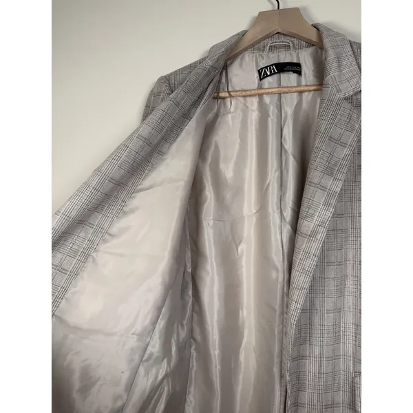 Zara Blazer Women's M Plaid Gray Faux Suede Ruched Sleeve Long Line Open‎ Front - Image 4