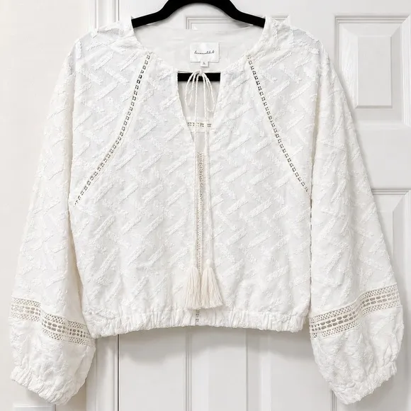 Line & Dot White Textured Cotton Boho Crop Blouse Tassel Tie Top Small - Image 2