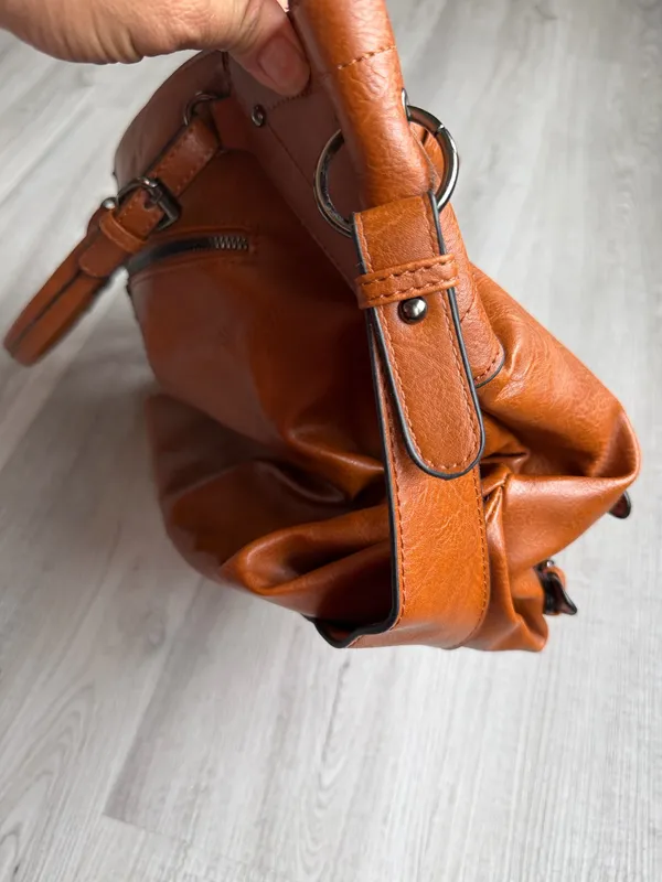 Sam & Hadley Brown Cognac Satchel Bag Buckle Detail Faux Leather Large Handbag - Image 6