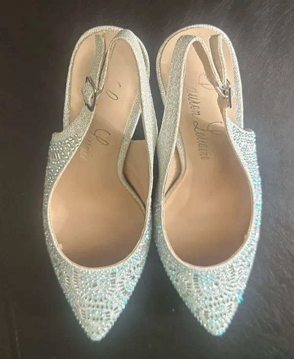 Lauren Lorraine Rachel Silver Shimmer Pointed Toe Embellished Slingback Pumps - Image 12