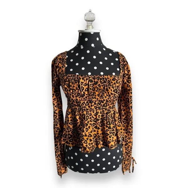 Urban Outfitters Womens Blouse‎ Sz M Ava Smocked Heart Leopard Print NEW - Image 5