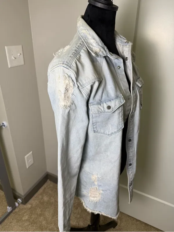 Zara Relaxed Fit‎ Medium Distressed Wash Button Front Jean Denim Jacket Button S - Image 5