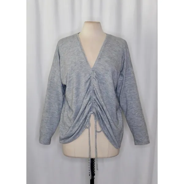 ZARA Heathered Gray Cinched Sweater V Neck Pullover Cinchable Cinched Top Large - Image 2