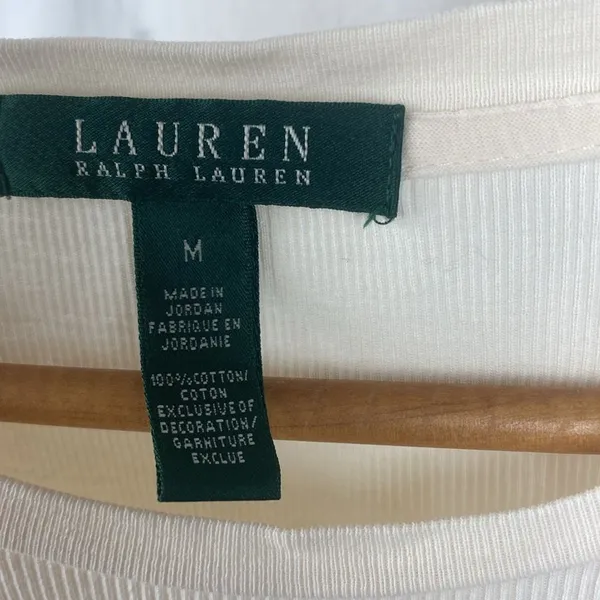 Ralph Lauren Cream & Brown Leather Shoulder Long Sleeve Ribbed Tee T Shirt Top M - Image 5