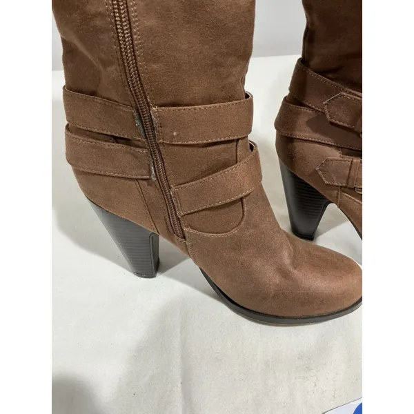 Woman’s Just Fab Waynoka Wide Brown Faux Suede Stacked Winter Boots Size 8w Otk - Image 4