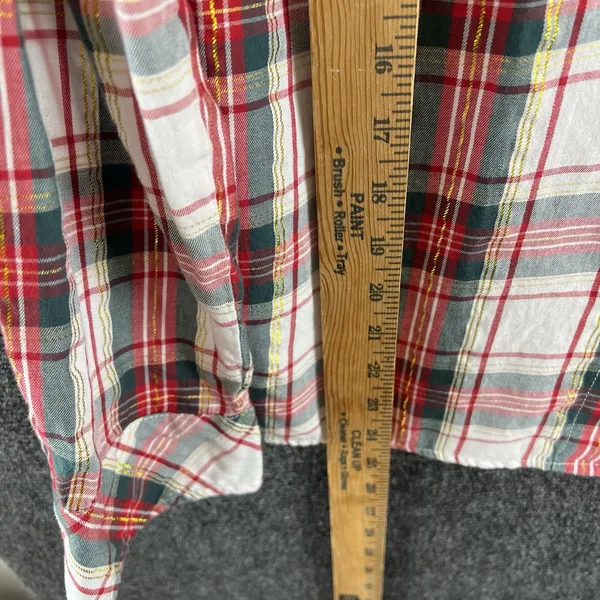 Tommy Hilfiger Women's Red Green Plaid Metallic Thread Roll-Tab Shirt Size M - Image 7