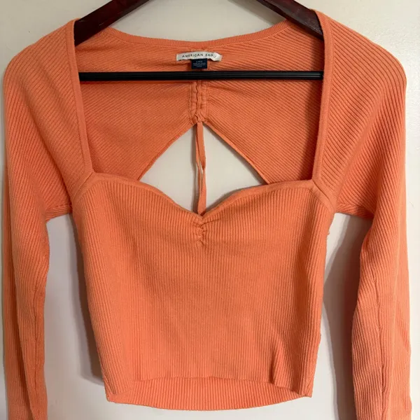 American Eagle Womens Ribbed‎ Long Sleeve Cutout Crop Top Coral Orange Large - Image 2