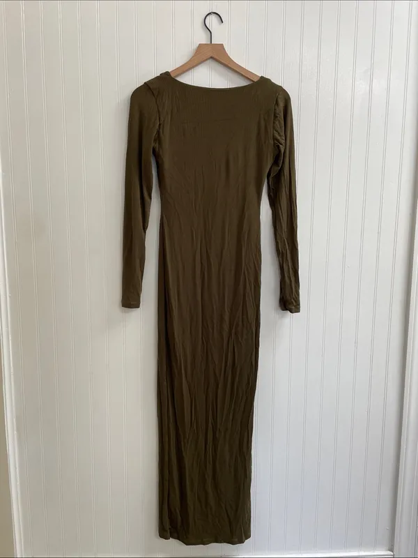 SHAPELLX Long‎ Sleeve Cut-Out Ribbed Shapewear Maxi Dress in Olive Green Size M - Image 5