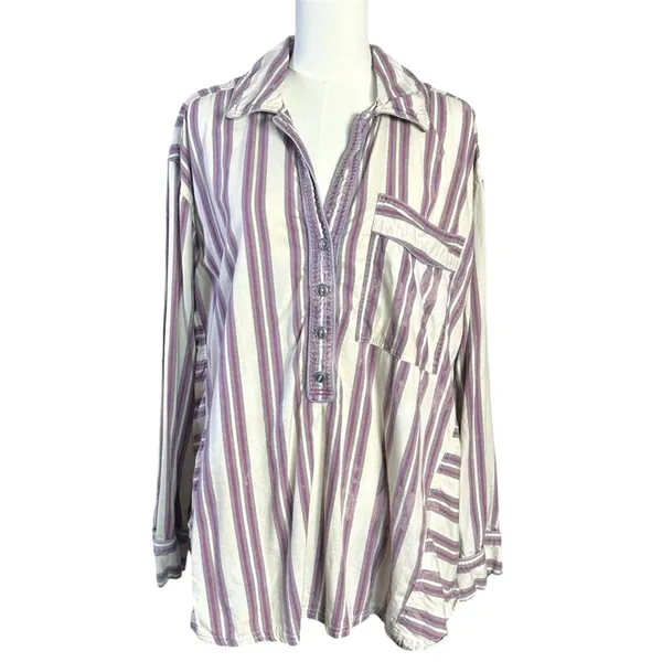 Free People Bohemian Preppy Pullover Shirt Tunic Ivory Stripes Coastal Medium - Image 8