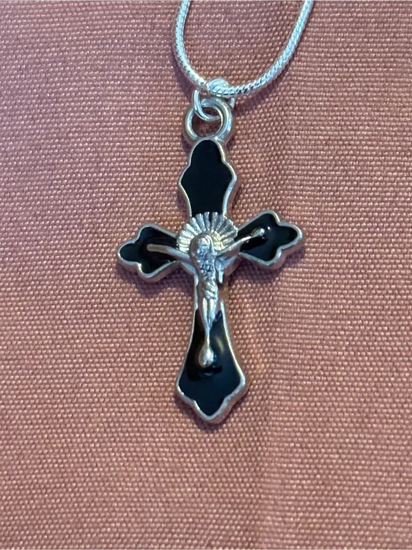 Sterling Silver 925 Cross Necklace with Black Enamel - Image 2