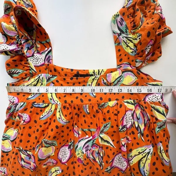 Anthropologie Kourt Aria Linen Tropical Short Dress Pockets Fruit Bird Medium - Image 13