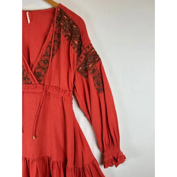 Free People Beaded Boho Tunic Dress Burnt Orange Red Long Sleeve L‎ Peasant Folk - Image 9