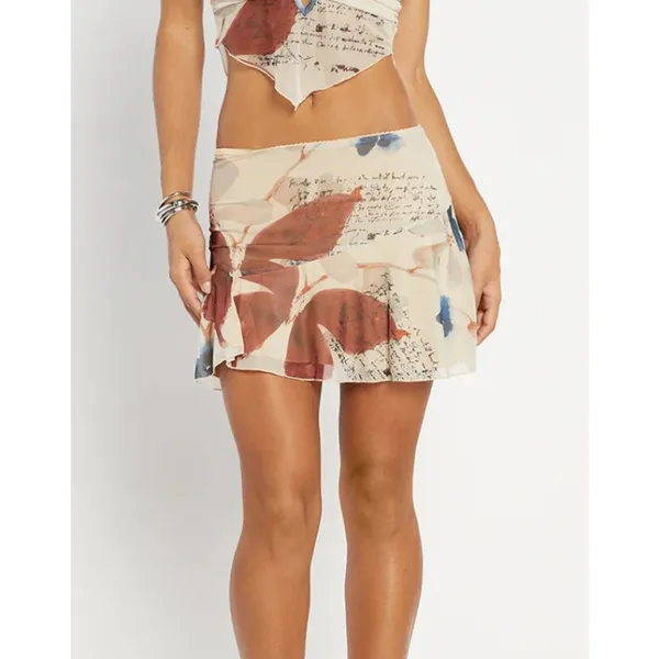 Tiger Mist Feyra Beige Low Waist Graphic Print Butterfly A Line Mini Skirt Sz L - Image 5