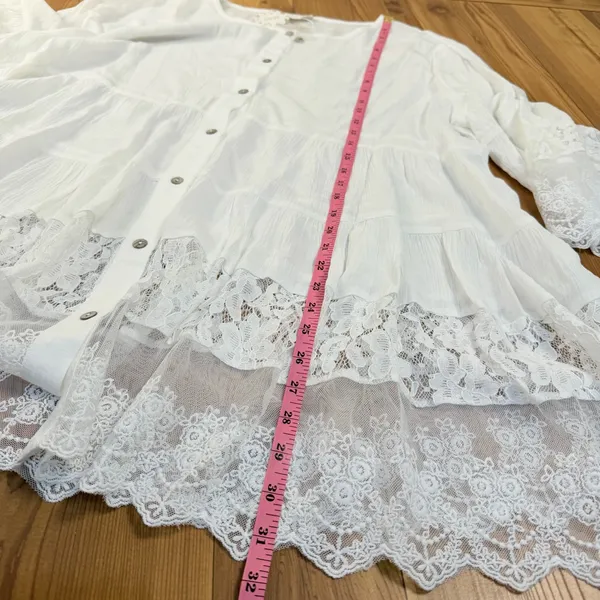 Oddi White Lace Tunic Blouse Boho Tiered Bell Sleeve Button Down Plus Size 1X - Image 3
