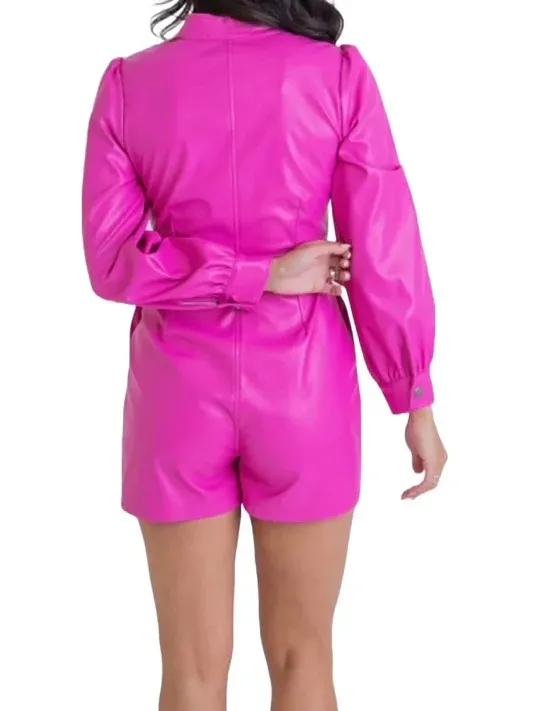 Karlie Faux Leather Long Sleeve Barbie Pink Belt Detail Romper - Image 2