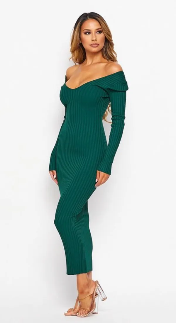 Hunter Green Deep V Neck Ribbed Dress - Image 3