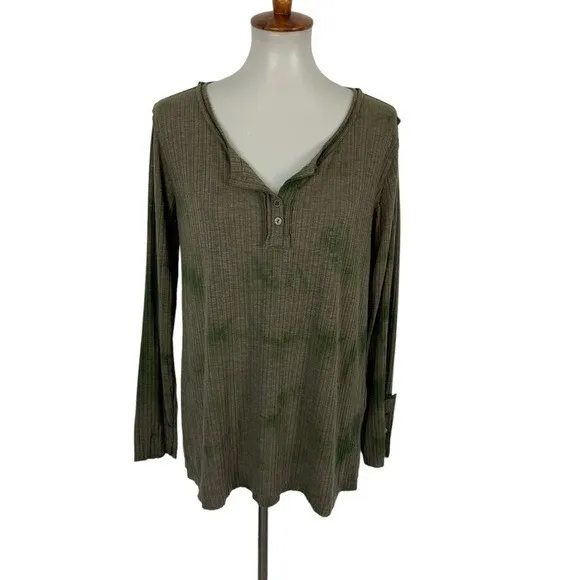 POL Womens Tie Dye Henley Top Brown Green Ribbed Long Sleeve Boho BWT686 Small - Image 2