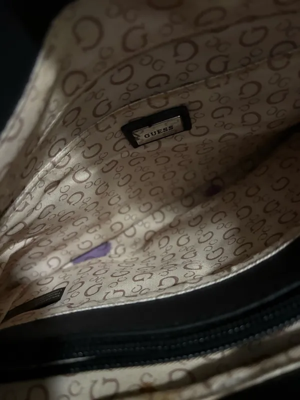 GUESS Beige Canvas Tote with Black Handles and Silver Logo - Image 6
