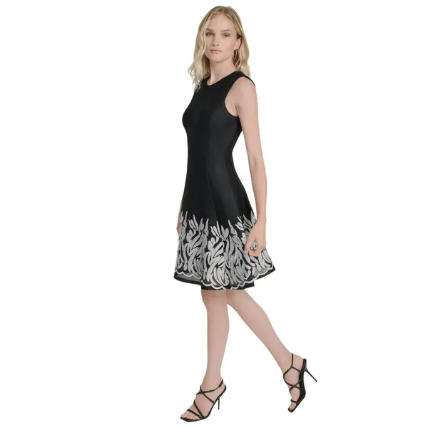 NWT DKNY Embroidered Mesh Sleeveless Fit Flare A-line Dress Black / Ivory 2 - Image 5