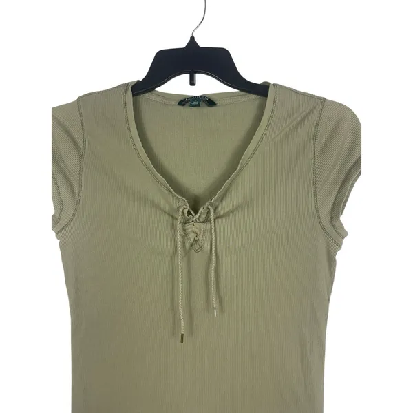 Ralph Lauren Y2K Ribbed Lace Up Top Womens L Sage Green Short Sleeve Grunge - Image 2