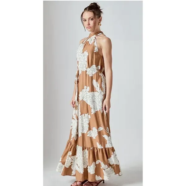 English Factory Women's Floral Halter Maxi Dress Size Small Belted A Line - Image 2
