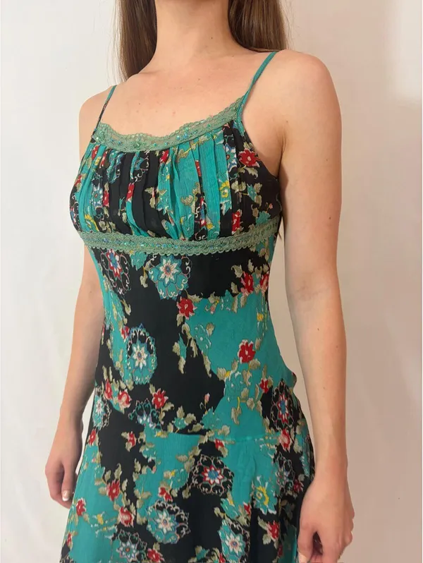 Blue Floral Paisley Mesh Fairy Sequin Silky Vintage Midi Dress - Image 2